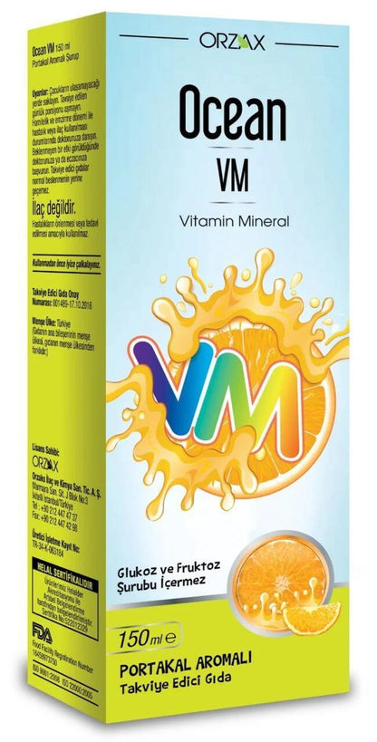 Ocean VM Vitamin Mineral Syrup for Adults and Children - Orange Flavored Dietary Supplement 150ml by Beauty Care Bag