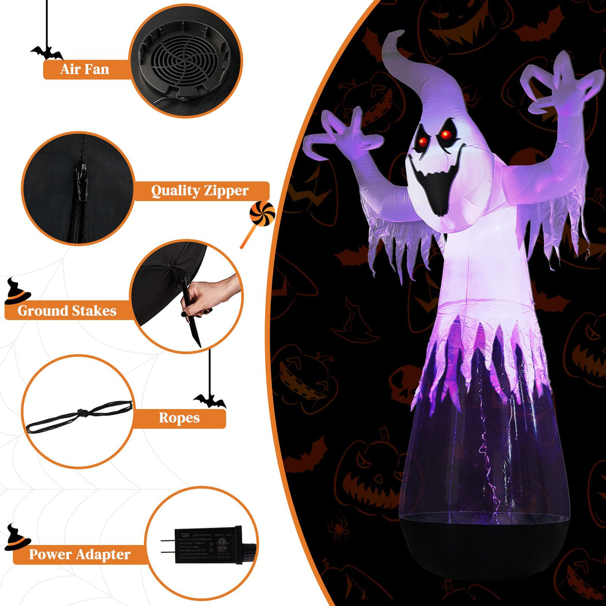 12ft Inflatable Ghost Halloween Decoration with LED Lights - White PVC Half-Body Design for Outdoor Festivities by Doba