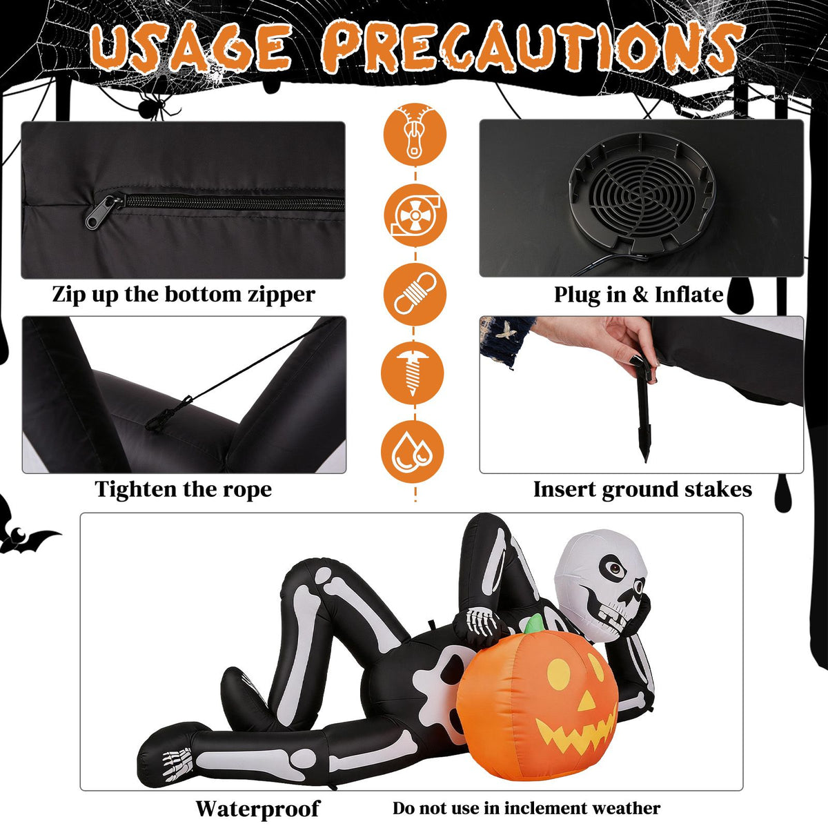 7 ft inflatable lying Halloween skeleton with LED lights by Doba, view 6