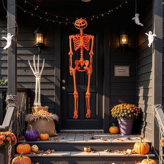 Life-size poseable Halloween skeleton with pumpkin head, Doba