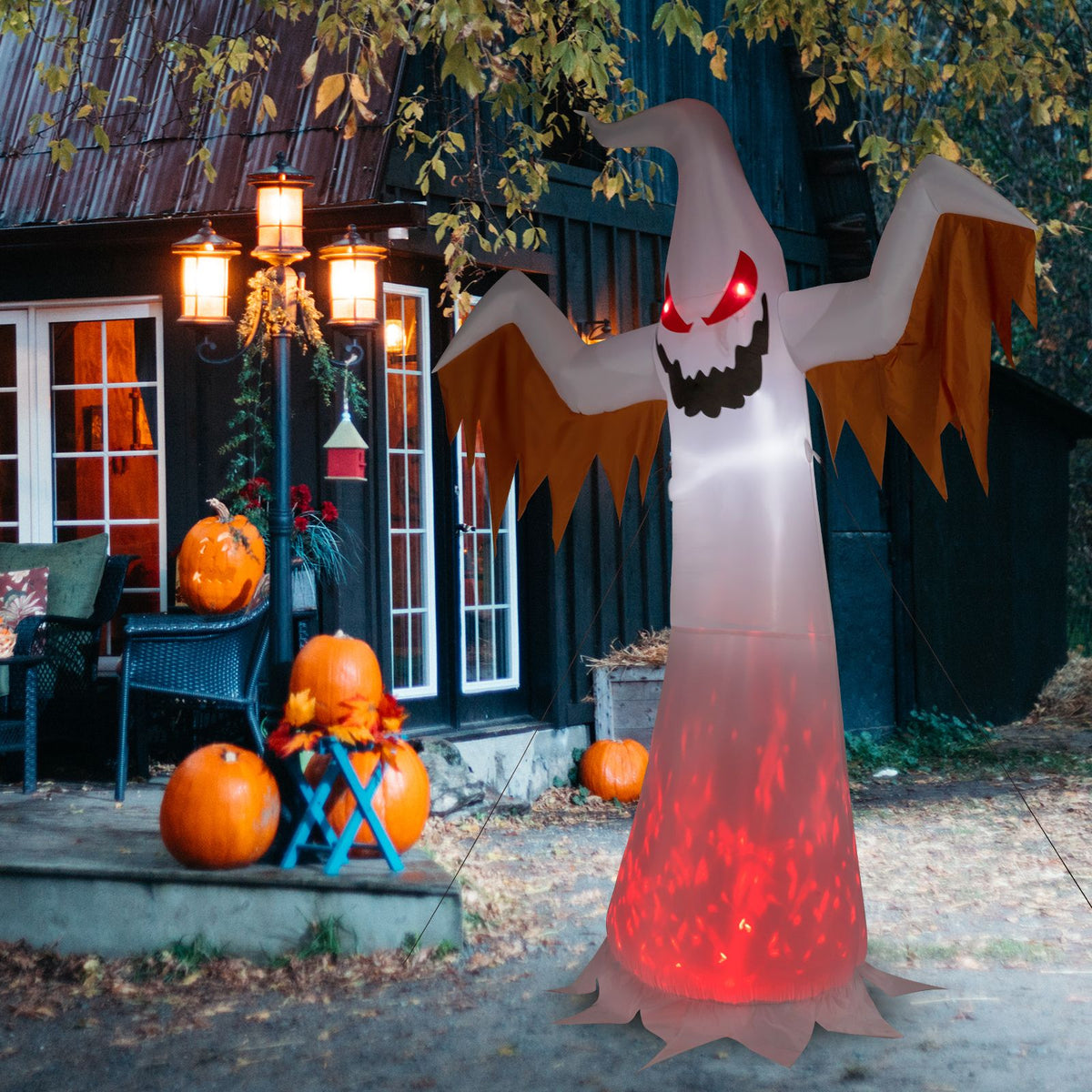 Haunting Inflatable Ghost with LED Flames & Flickering Red Eyes - 4-Piece Halloween Decor by Doba