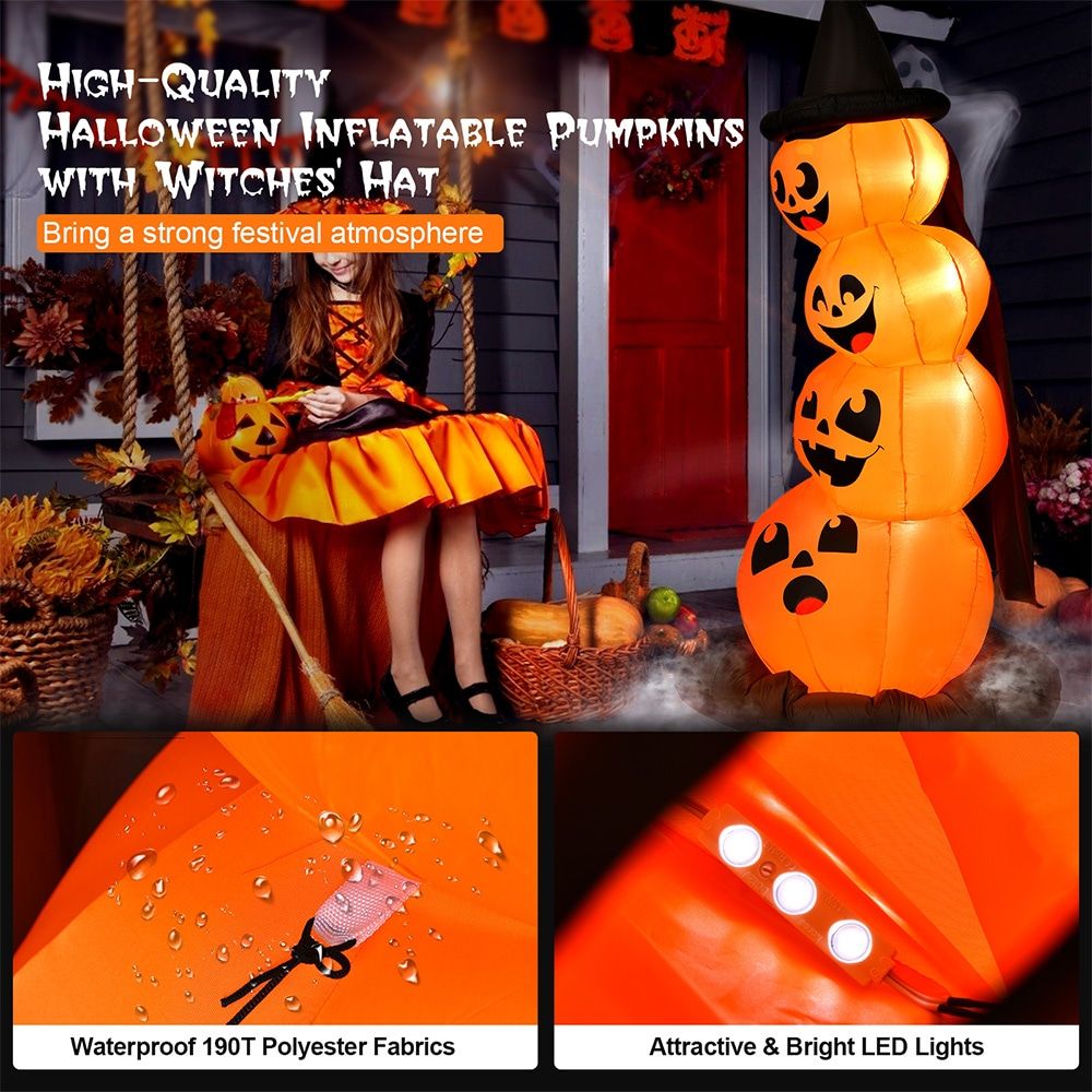 7-Foot Inflatable Halloween Pumpkin Display with Illuminated Witch's Hat by Doba