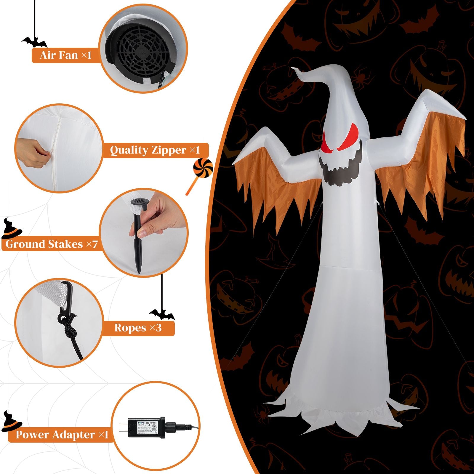 Haunting Inflatable Ghost with LED Flames & Flickering Red Eyes - 4-Piece Halloween Decor by Doba