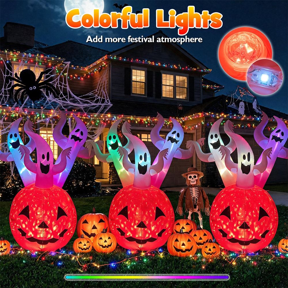 6 Foot Inflatable Ghost Pumpkin Decoration with Colorful LED Lights - Perfect for Halloween Festivities by Doba