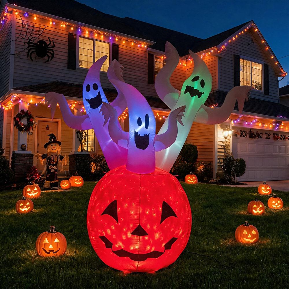 6 Foot Inflatable Ghost Pumpkin Decoration with Colorful LED Lights - Perfect for Halloween Festivities by Doba