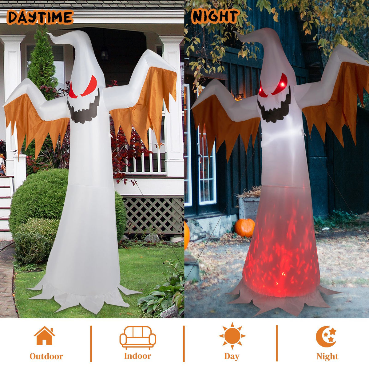 Haunting Inflatable Ghost with LED Flames & Flickering Red Eyes - 4-Piece Halloween Decor by Doba