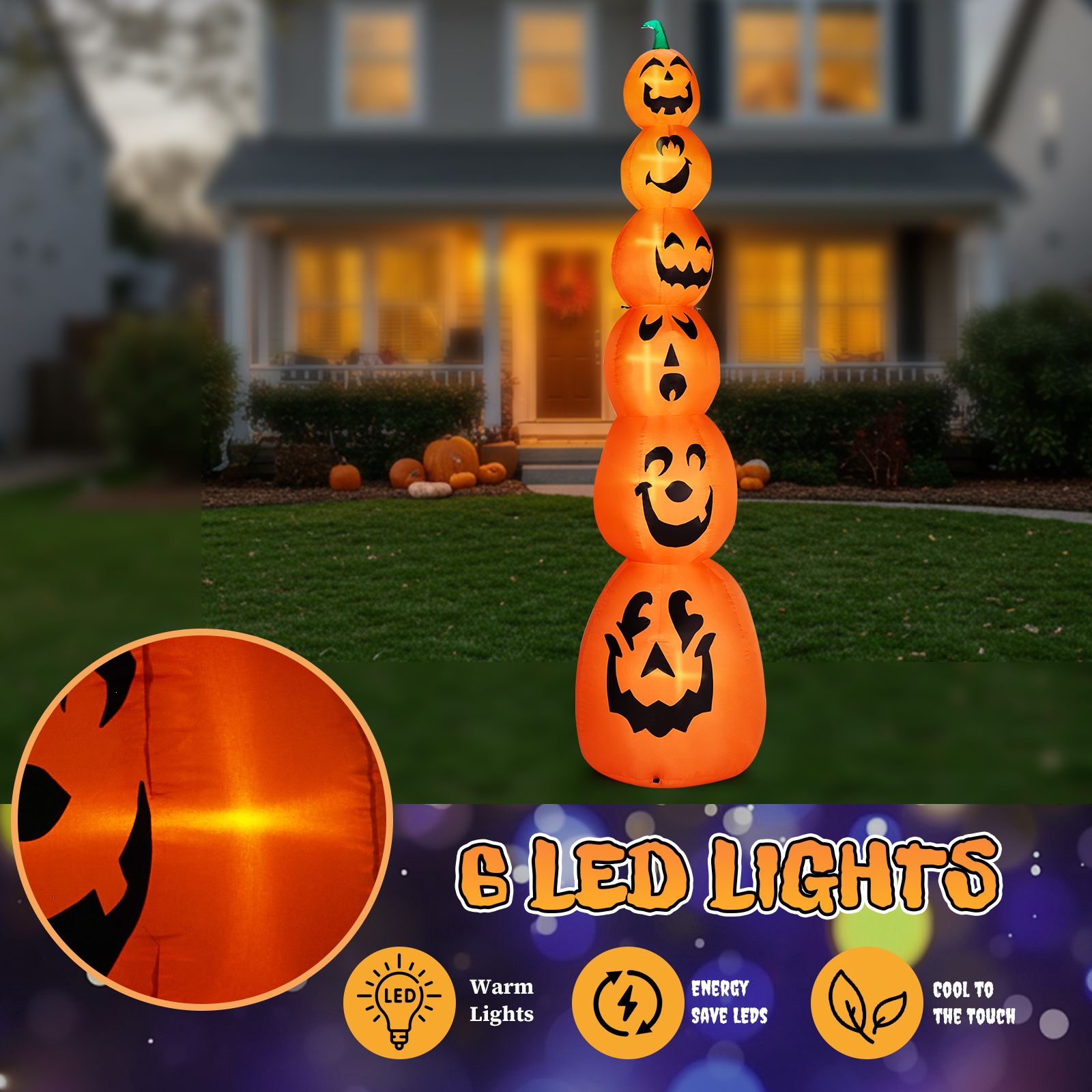 9FT Halloween Inflatable Pumpkin Stack with LED Lights - Giant Outdoor Decoration for Spooky Parties by Doba