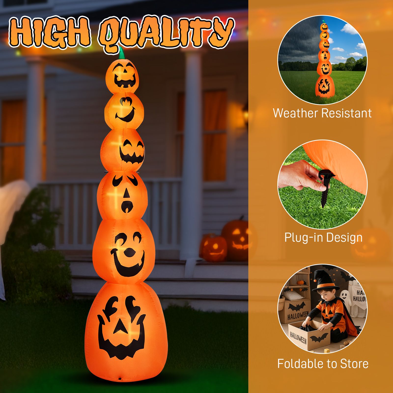 9FT Halloween Inflatable Pumpkin Stack with LED Lights - Giant Outdoor Decoration for Spooky Parties by Doba