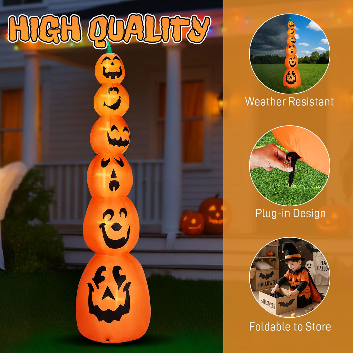 9FT Halloween Inflatable Pumpkin Stack with LED Lights - Giant Outdoor Decoration for Spooky Parties by Doba