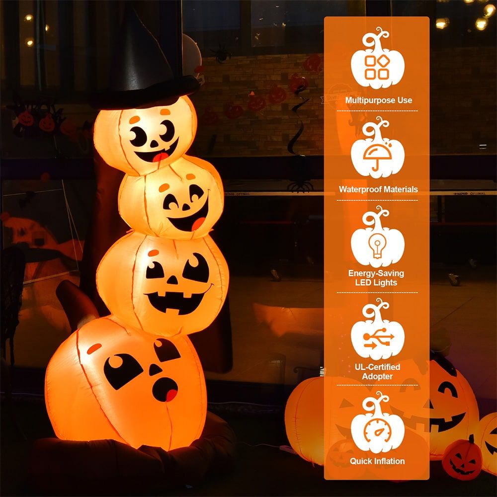 7-Foot Inflatable Halloween Pumpkin Display with Illuminated Witch's Hat by Doba