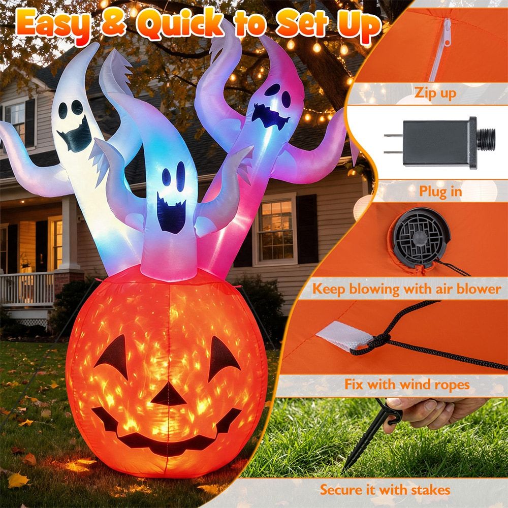 6 Foot Inflatable Ghost Pumpkin Decoration with Colorful LED Lights - Perfect for Halloween Festivities by Doba
