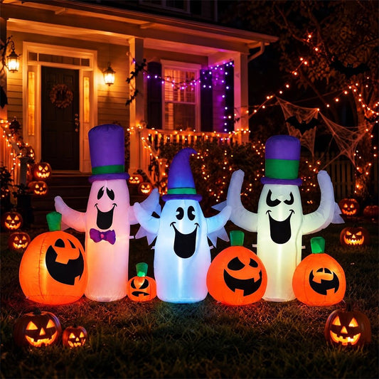 8FT Inflatable Halloween Ghosts & Pumpkins with RGB LED Lights for Festive Decor by Doba