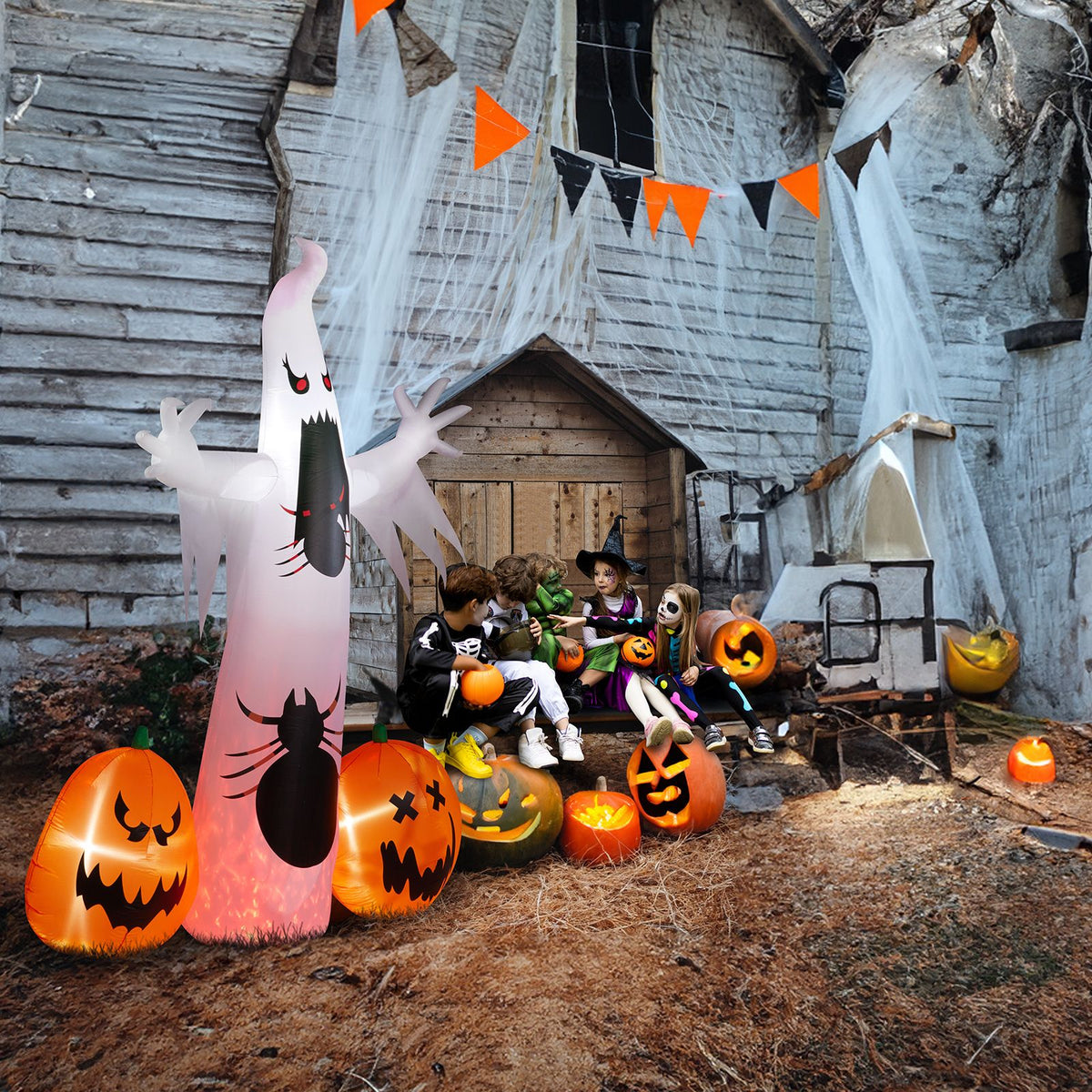 Spooky Halloween Inflatable Ghost and Spider Duo for Outdoor Decor by Doba