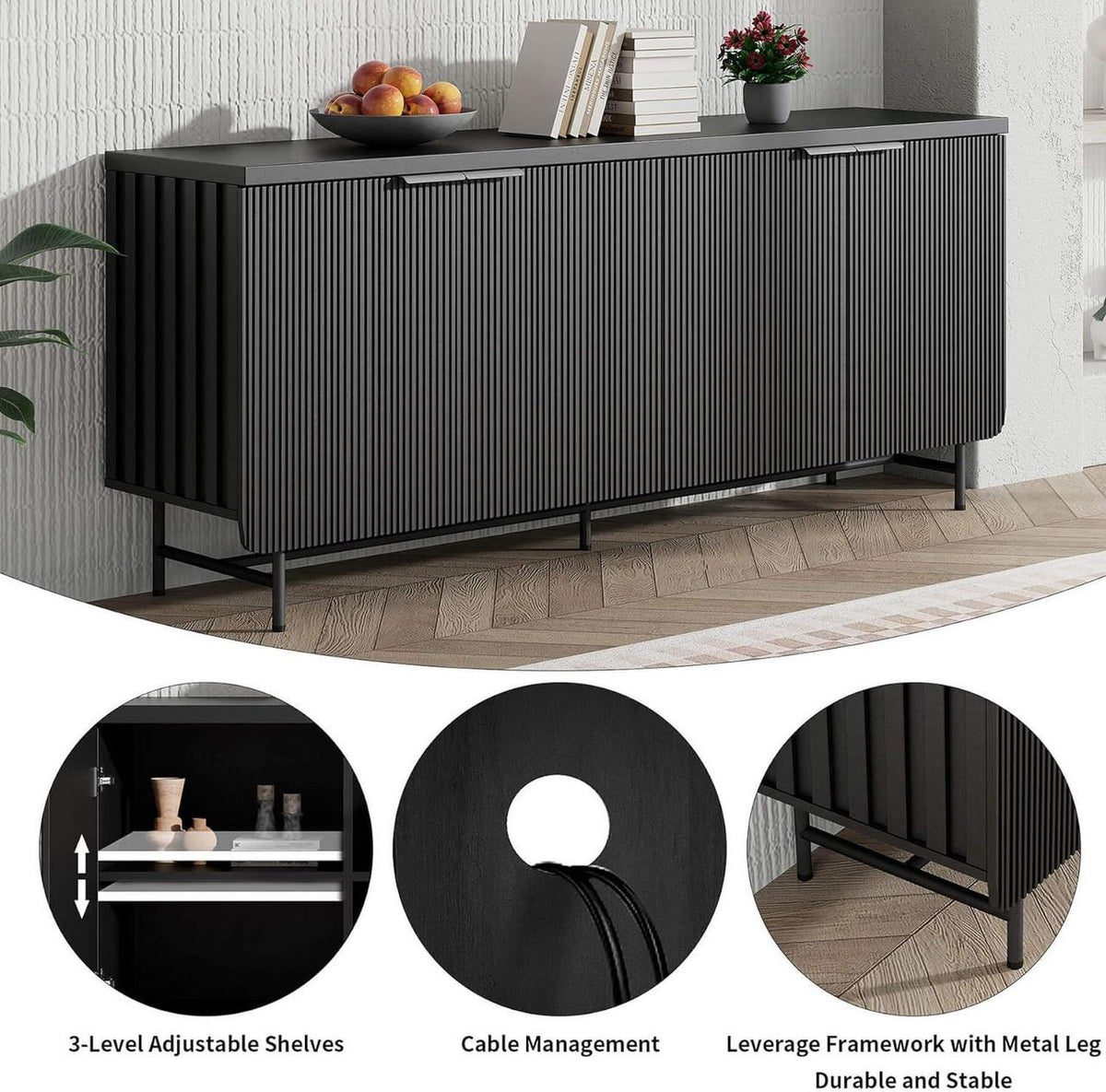 Elegant 68-Inch Oak Sideboard Buffet Cabinet with 4 Doors - Spacious Storage Solution for Your Living Room and Dining Room by Doba