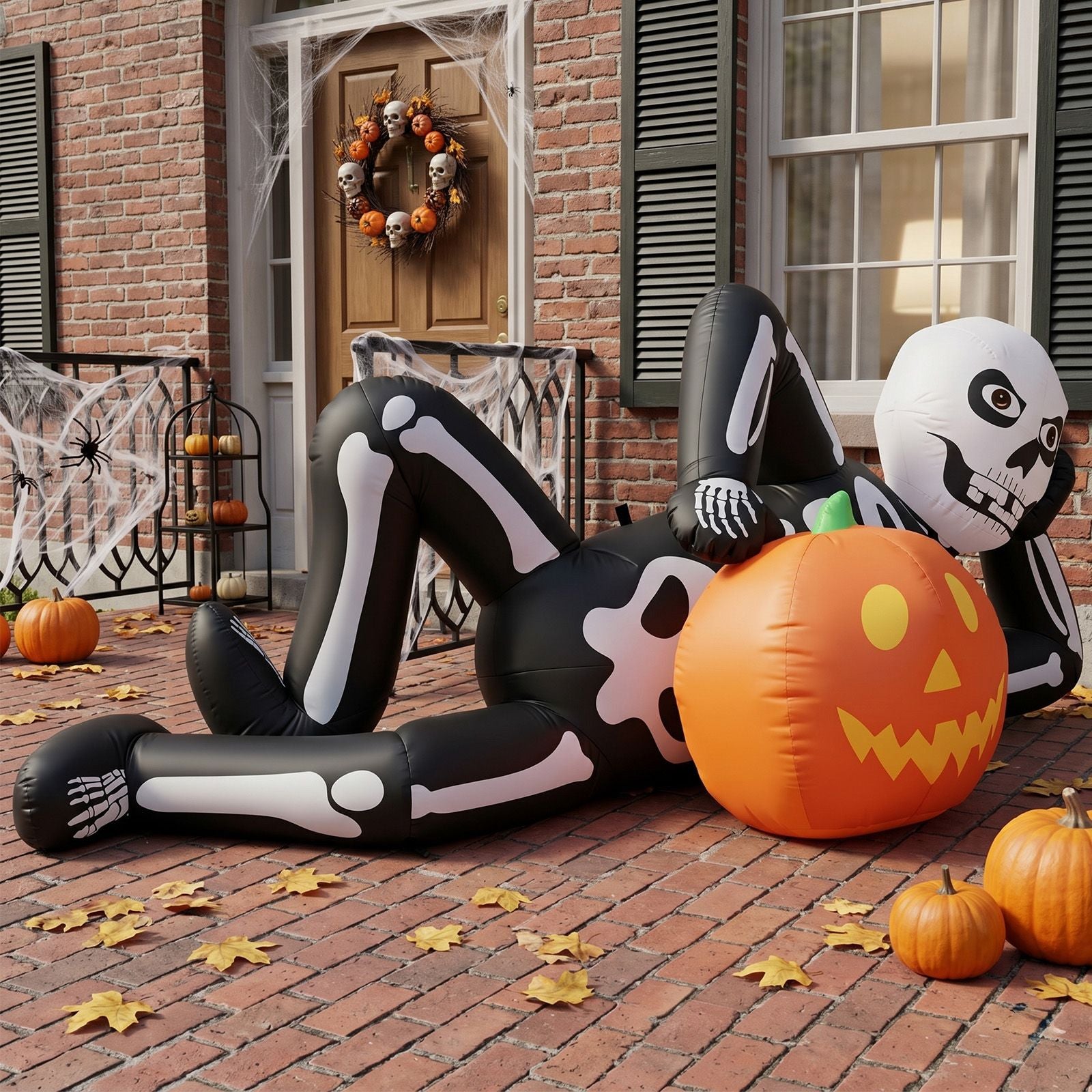 7ft Inflatable Halloween Skeleton Decoration with LED Lights - Spooky Outdoor Decor by Doba
