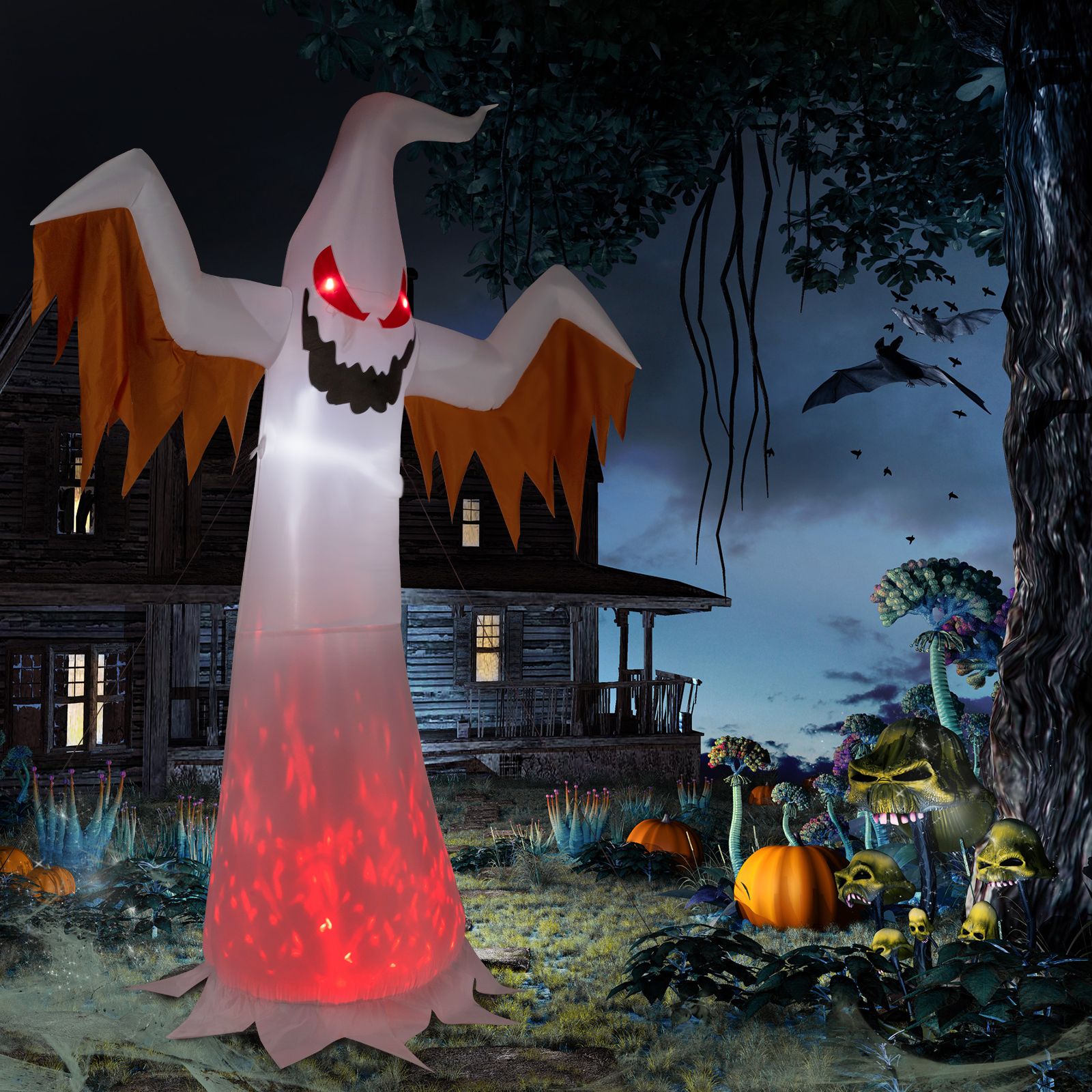 Haunting Inflatable Ghost with LED Flames & Flickering Red Eyes - 4-Piece Halloween Decor by Doba