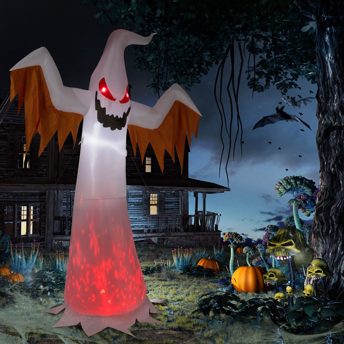 Haunting Inflatable Ghost with LED Flames & Flickering Red Eyes - 4-Piece Halloween Decor by Doba