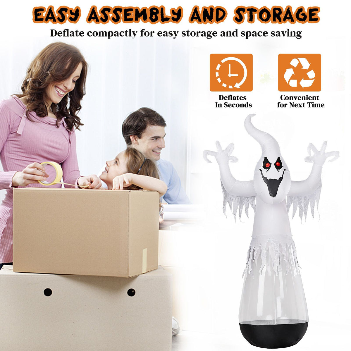 12ft Inflatable Ghost Halloween Decoration with LED Lights - White PVC Half-Body Design for Outdoor Festivities by Doba