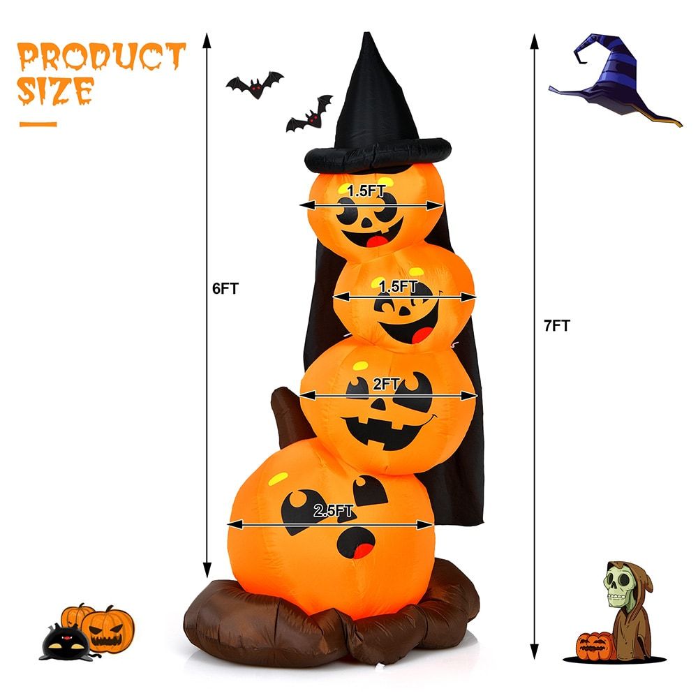 7-Foot Inflatable Halloween Pumpkin Display with Illuminated Witch's Hat by Doba
