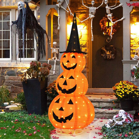 5 ft lighted Halloween stacked pumpkins with witch hat, Doba