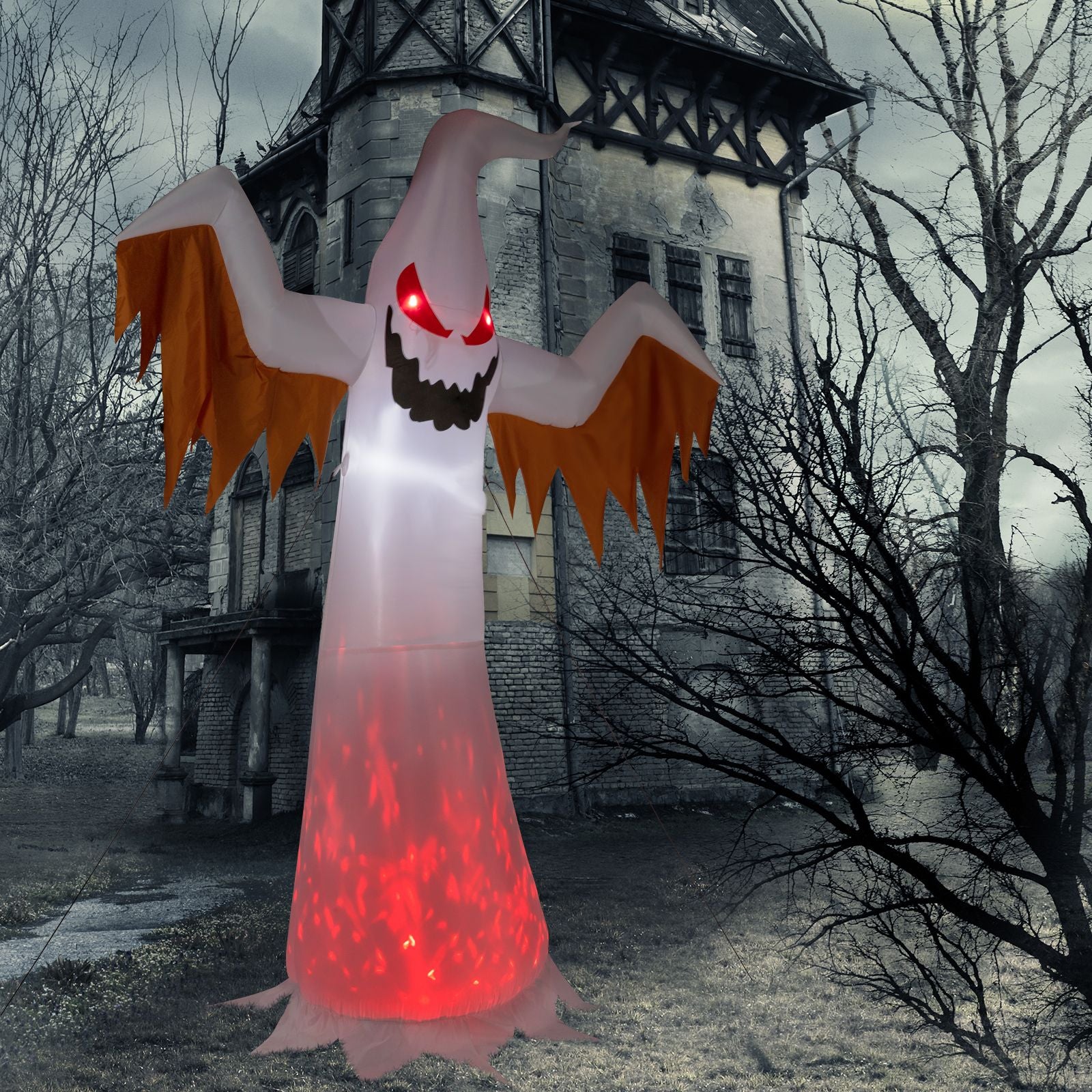 Haunting Inflatable Ghost with LED Flames & Flickering Red Eyes - 4-Piece Halloween Decor by Doba