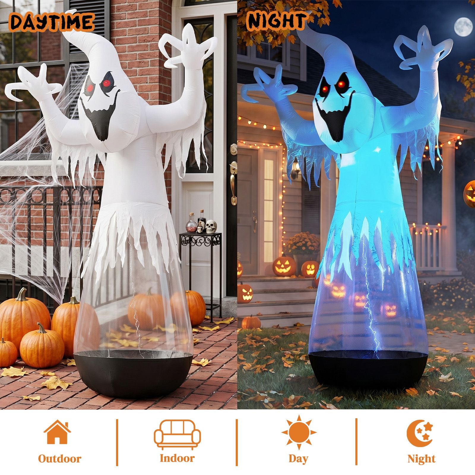 12ft Inflatable Ghost Halloween Decoration with LED Lights - White PVC Half-Body Design for Outdoor Festivities by Doba
