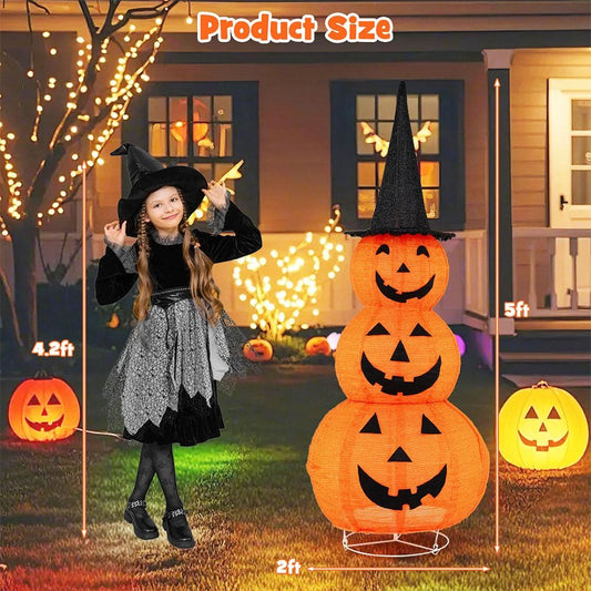 5 ft lighted Halloween stacked pumpkins with witch hat, Doba, view 2