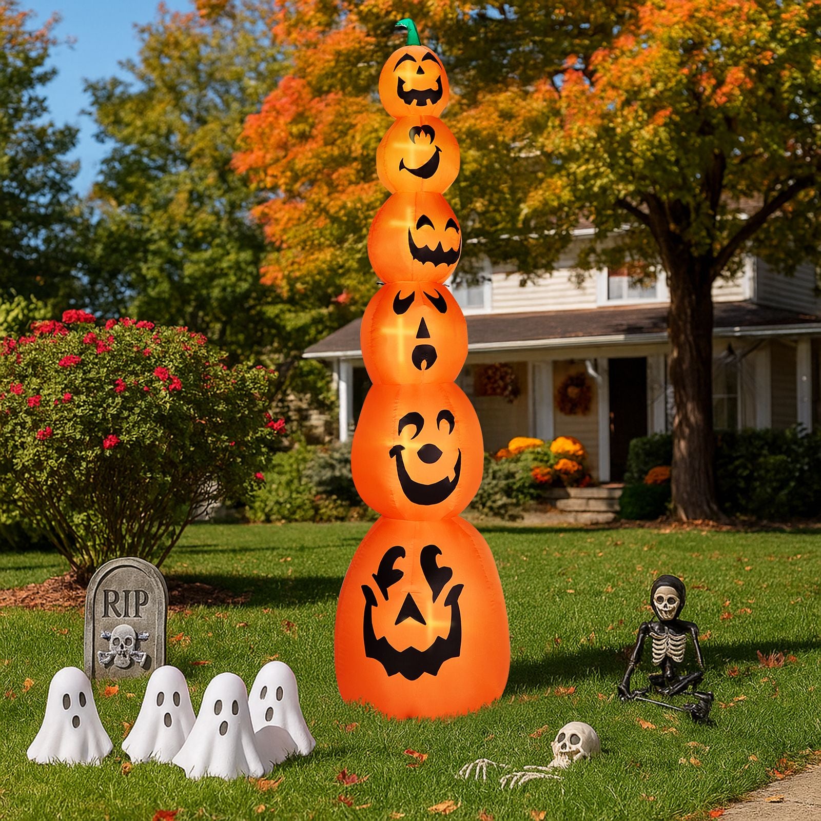9FT Halloween Inflatable Pumpkin Stack with LED Lights - Giant Outdoor Decoration for Spooky Parties by Doba