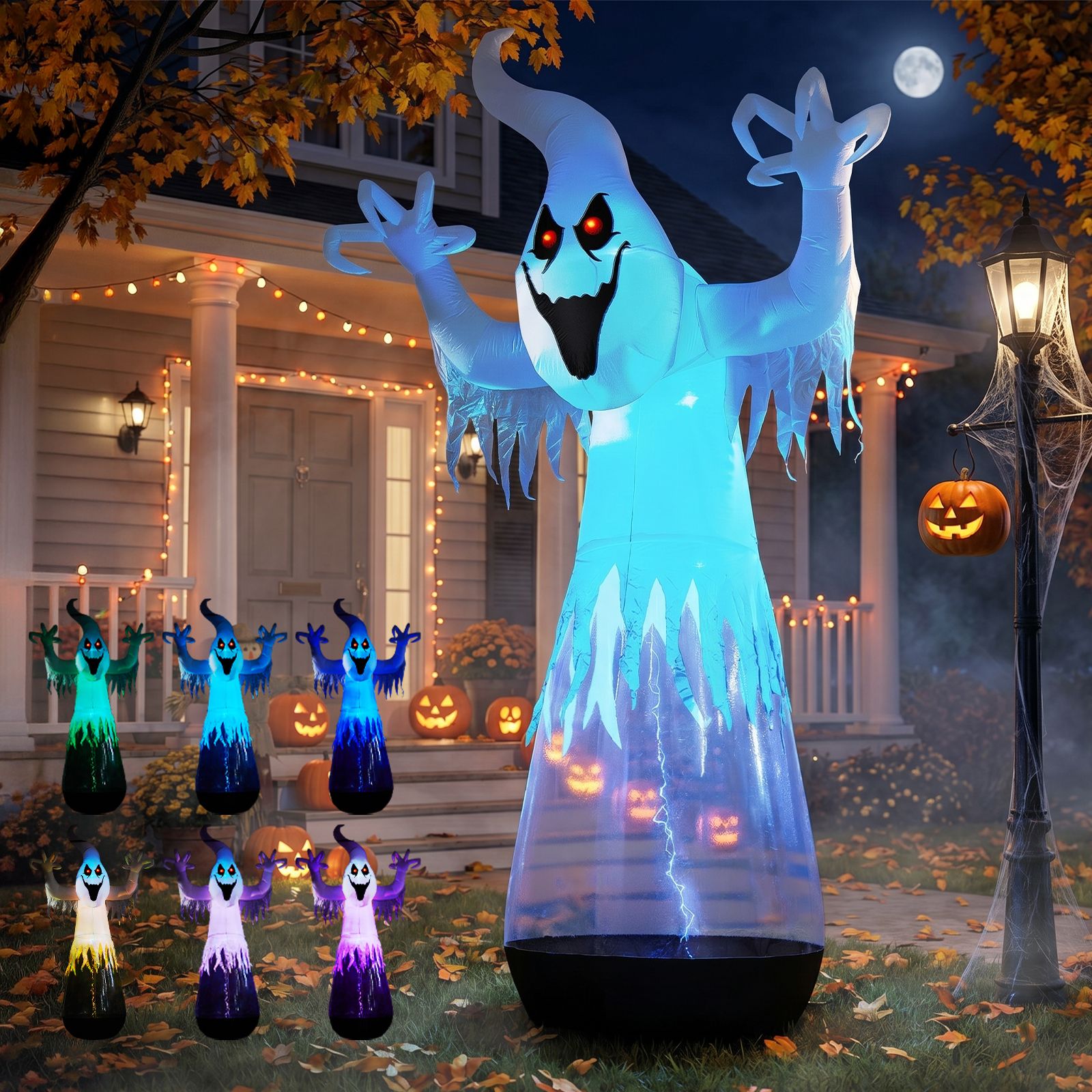 12ft Inflatable Ghost Halloween Decoration with LED Lights - White PVC Half-Body Design for Outdoor Festivities by Doba