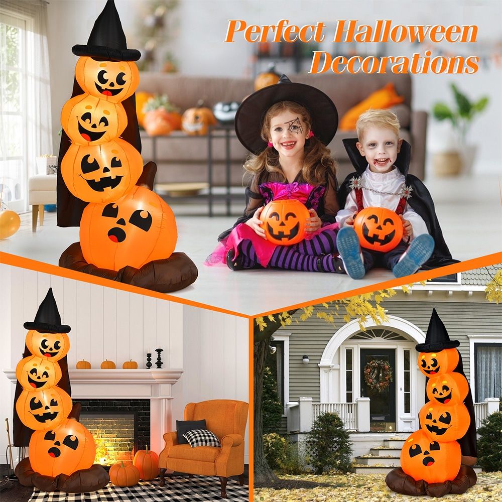 7-Foot Inflatable Halloween Pumpkin Display with Illuminated Witch's Hat by Doba