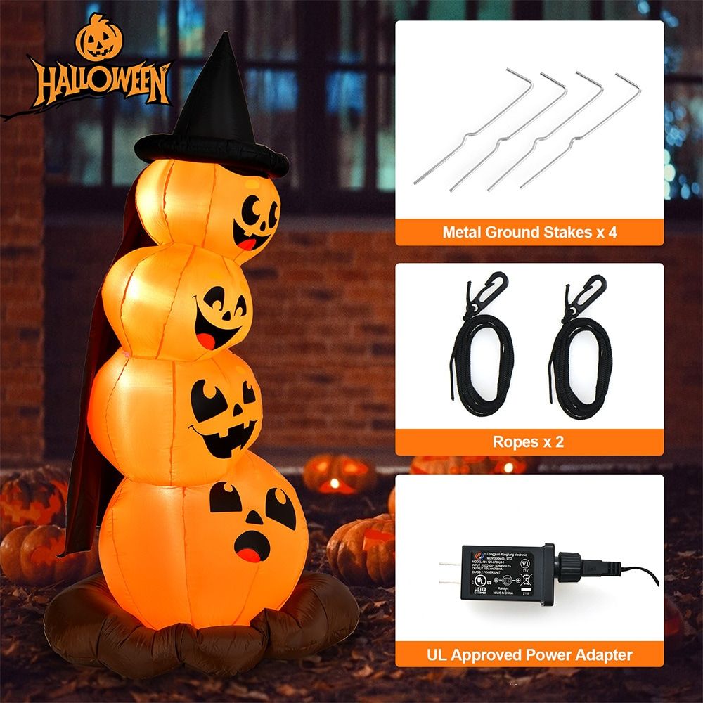 7-Foot Inflatable Halloween Pumpkin Display with Illuminated Witch's Hat by Doba