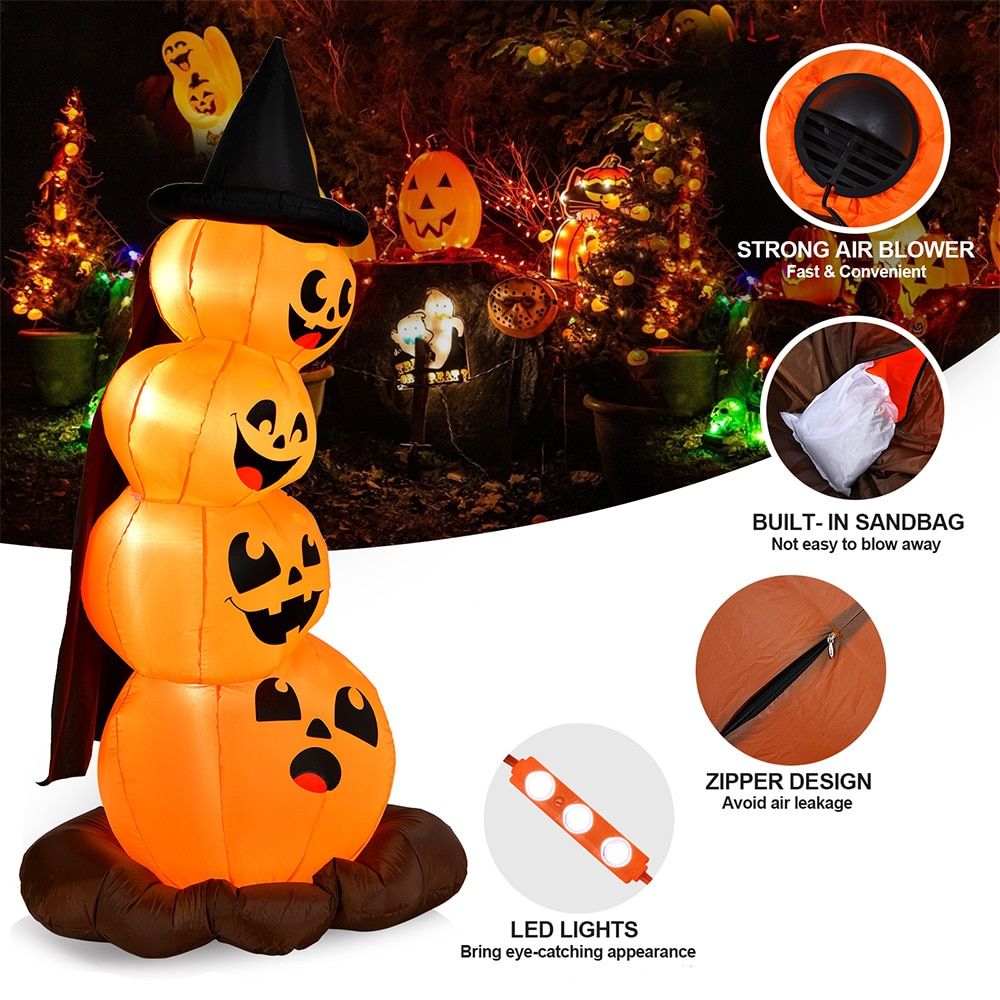 7-Foot Inflatable Halloween Pumpkin Display with Illuminated Witch's Hat by Doba
