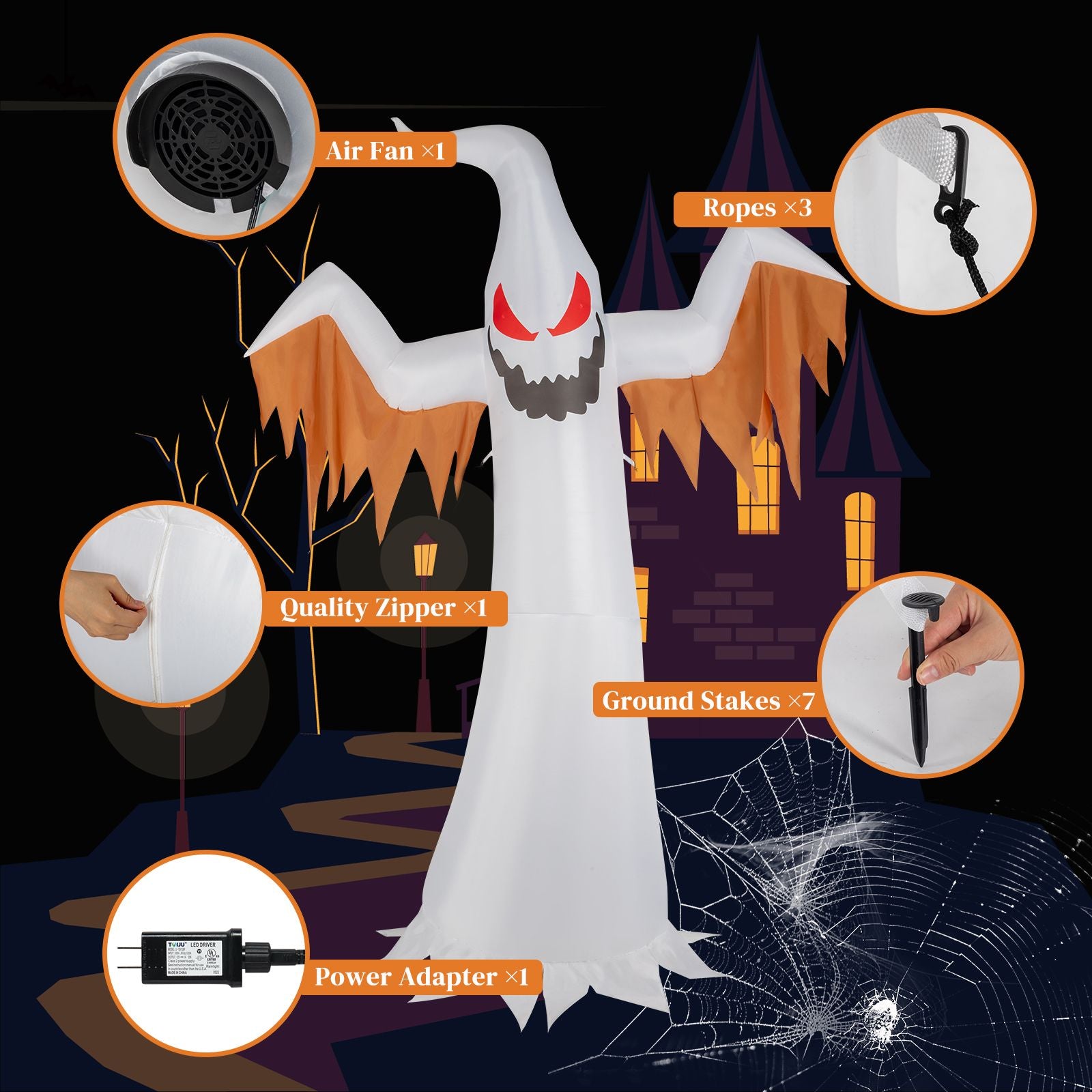 Haunting Inflatable Ghost with LED Flames & Flickering Red Eyes - 4-Piece Halloween Decor by Doba