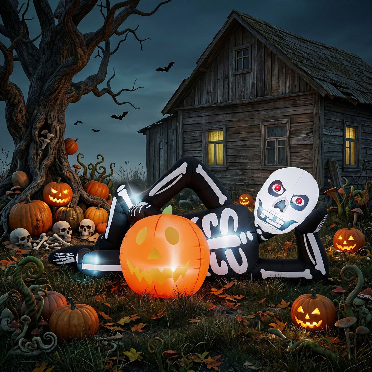 7ft Inflatable Halloween Skeleton Decoration with LED Lights - Spooky Outdoor Decor by Doba