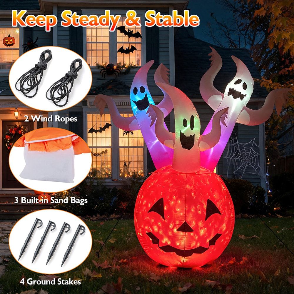 6 Foot Inflatable Ghost Pumpkin Decoration with Colorful LED Lights - Perfect for Halloween Festivities by Doba