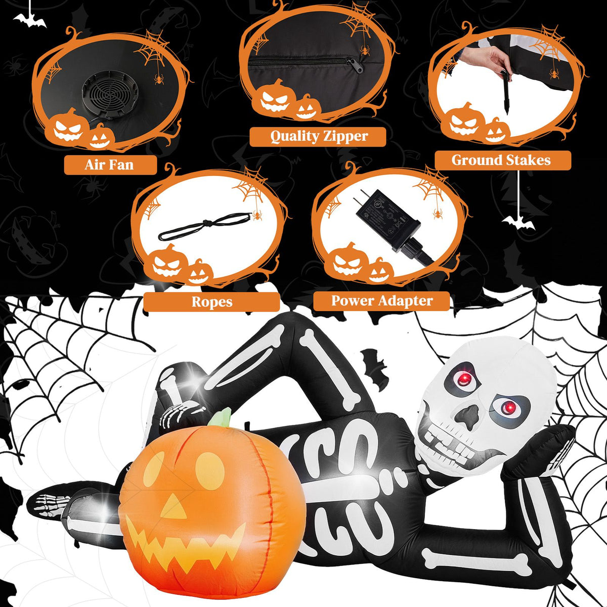 7 ft inflatable lying Halloween skeleton with LED lights by Doba, view 2