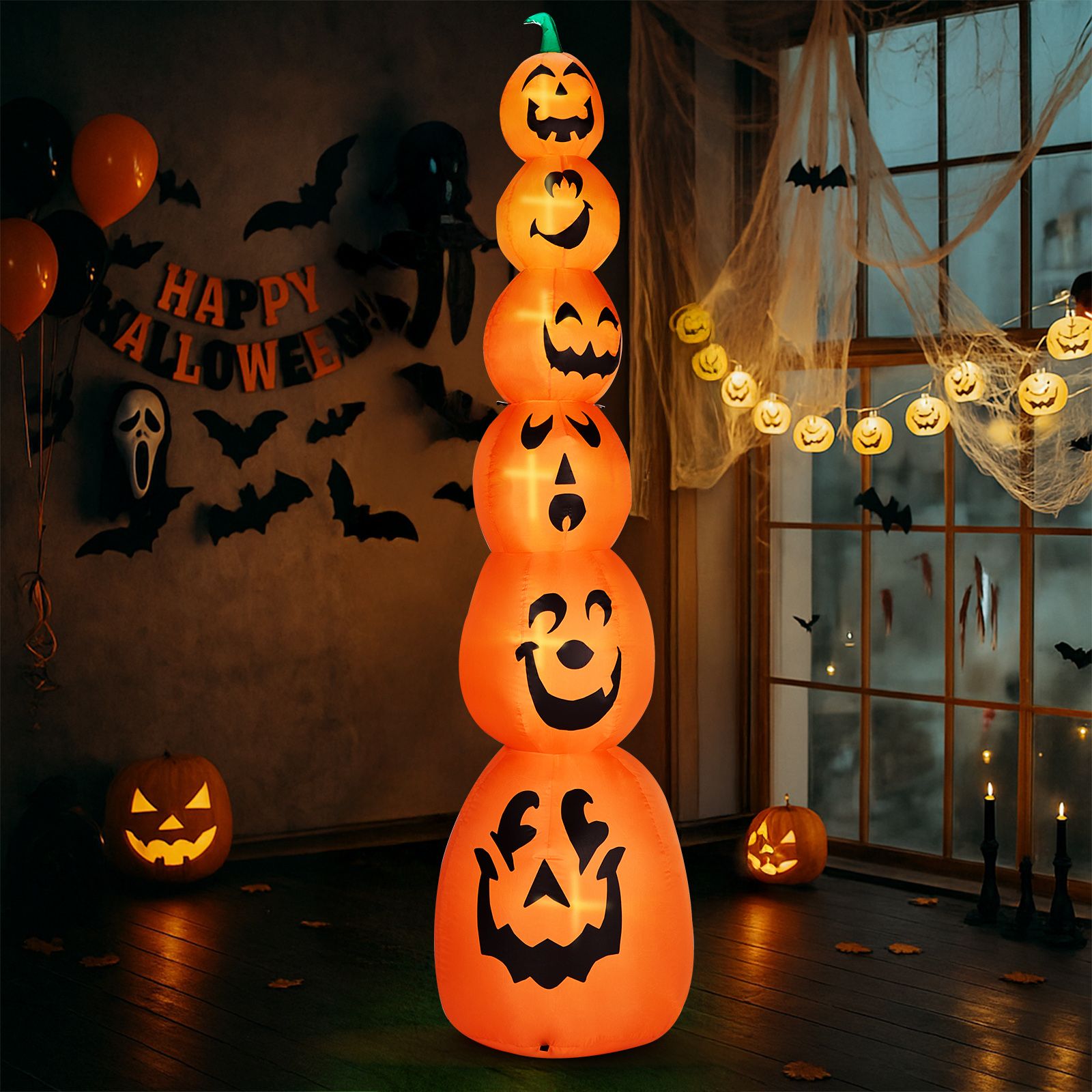 9FT Halloween Inflatable Pumpkin Stack with LED Lights - Giant Outdoor Decoration for Spooky Parties by Doba