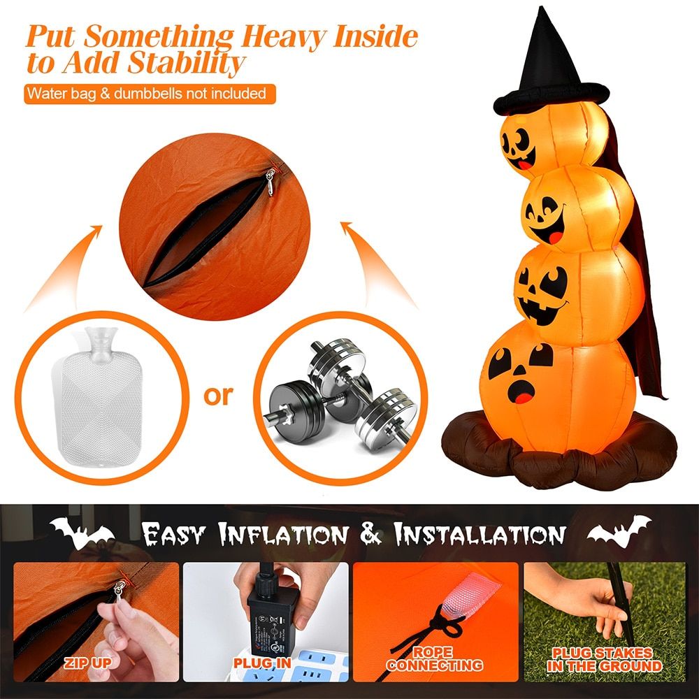 7-Foot Inflatable Halloween Pumpkin Display with Illuminated Witch's Hat by Doba
