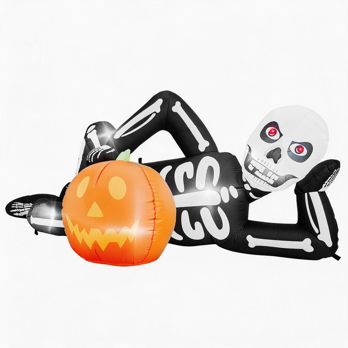 7 ft inflatable lying Halloween skeleton with LED lights by Doba, view 3