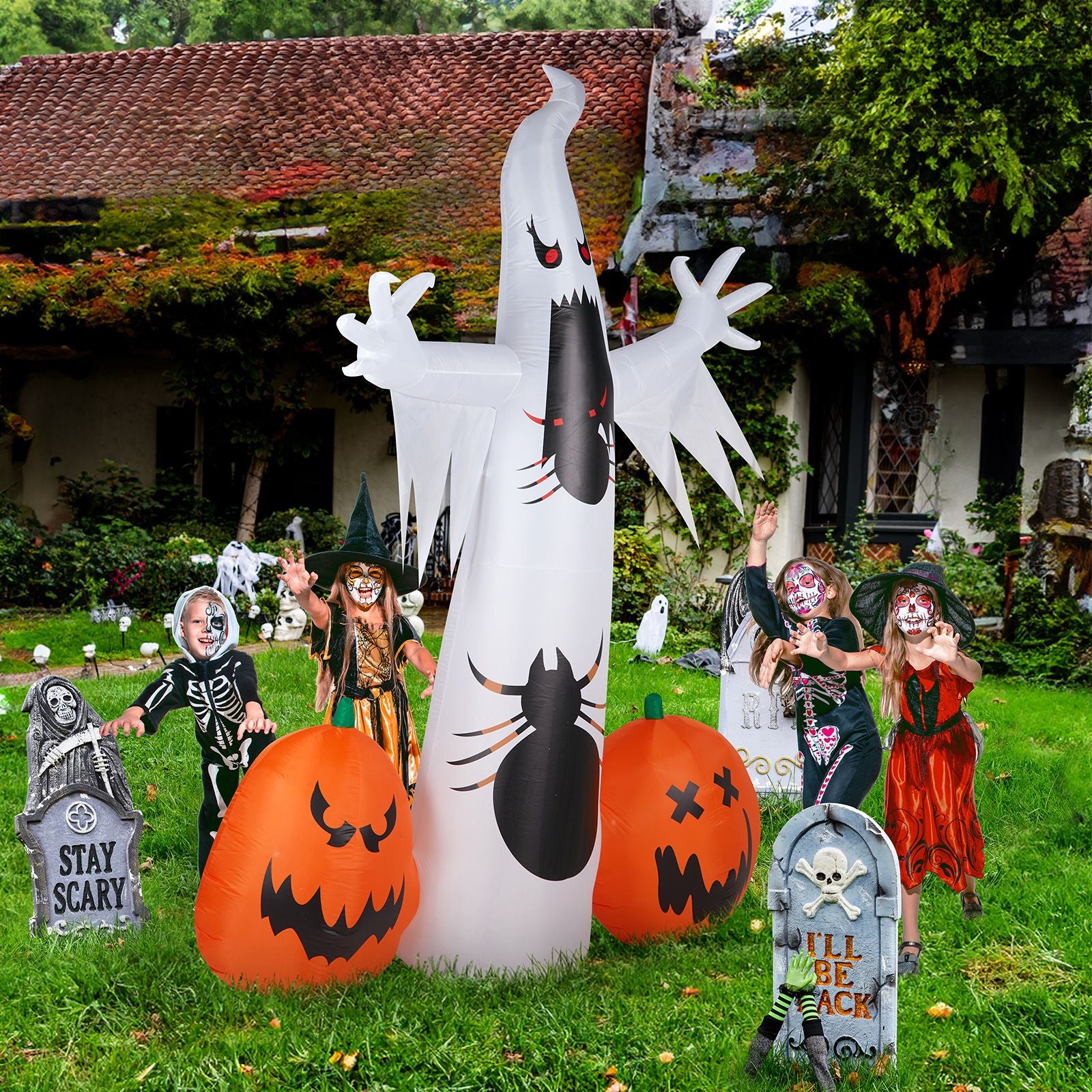 Spooky Halloween Inflatable Ghost and Spider Duo for Outdoor Decor by Doba