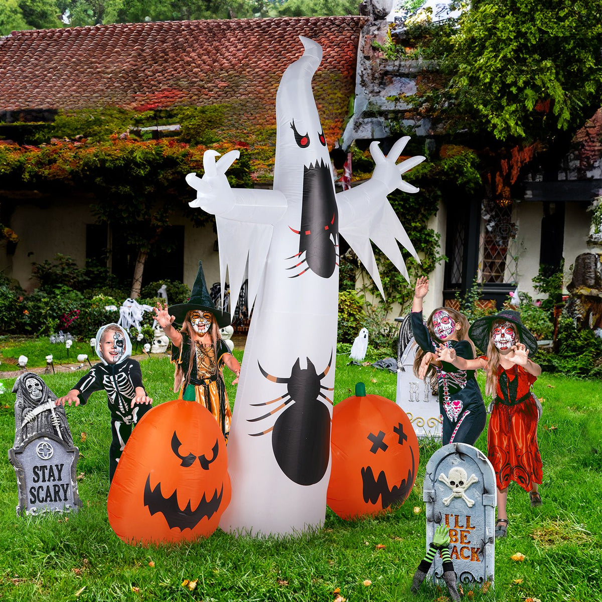 Spooky Halloween Inflatable Ghost and Spider Duo for Outdoor Decor by Doba