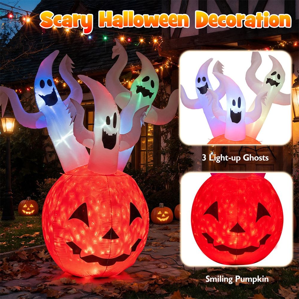 6 Foot Inflatable Ghost Pumpkin Decoration with Colorful LED Lights - Perfect for Halloween Festivities by Doba