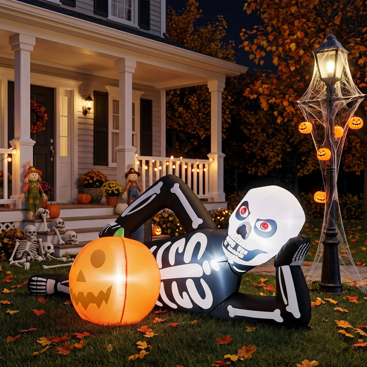 7 ft inflatable lying Halloween skeleton with LED lights by Doba, view 10