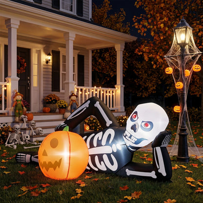 7 ft inflatable lying Halloween skeleton with LED lights by Doba, view 10