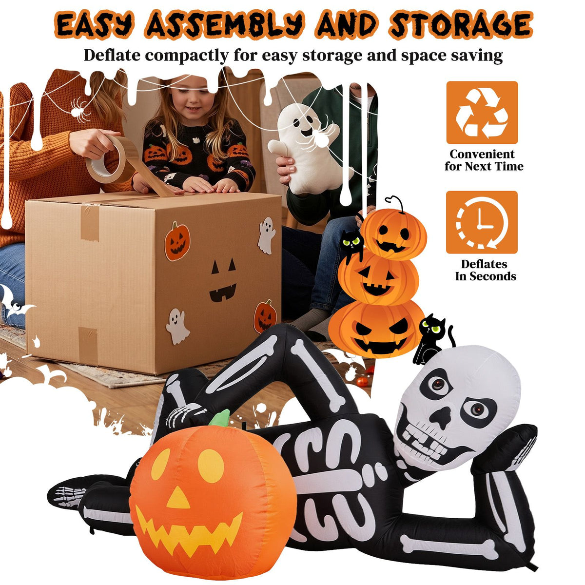 7 ft inflatable lying Halloween skeleton with LED lights by Doba, view 5
