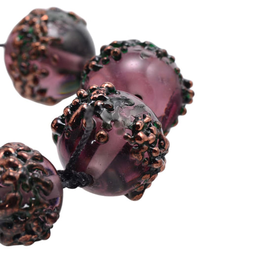 Handcrafted Lampwork Glass Bead Strand - Pink Purple with Copper Accents - 11 Round Artisan Beads by Continental Bead Suppliers