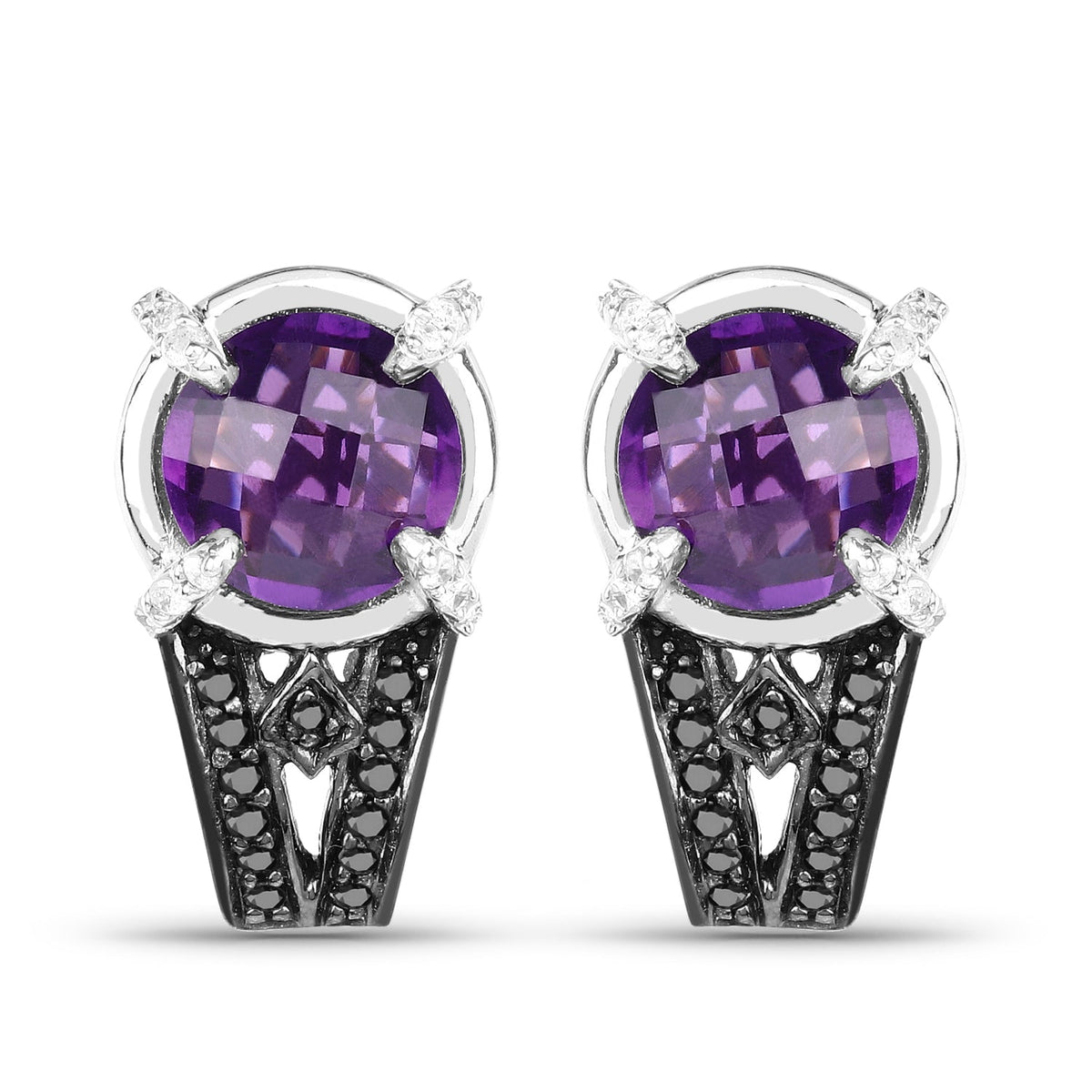 3.61 ct amethyst, black and white diamond .925 sterling silver earrings by Avera Group