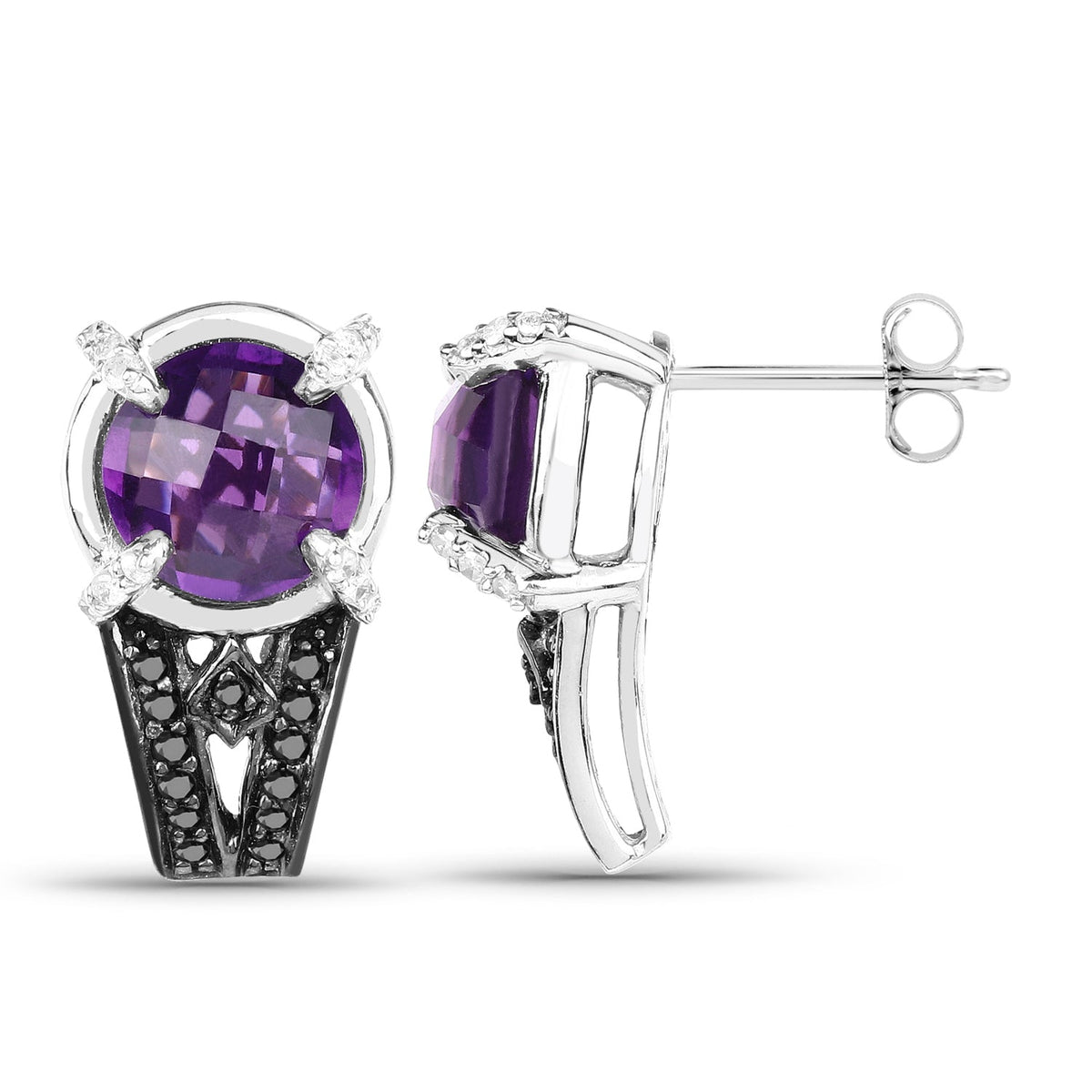 3.61 ct amethyst, black and white diamond .925 sterling silver earrings by Avera Group, view 2