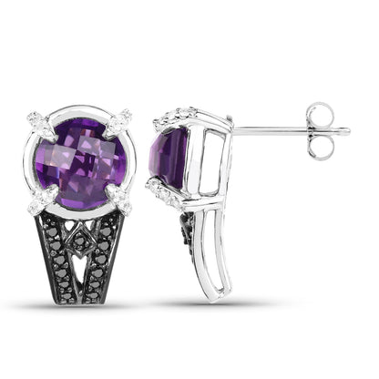 3.61 ct amethyst, black and white diamond .925 sterling silver earrings by Avera Group, view 2