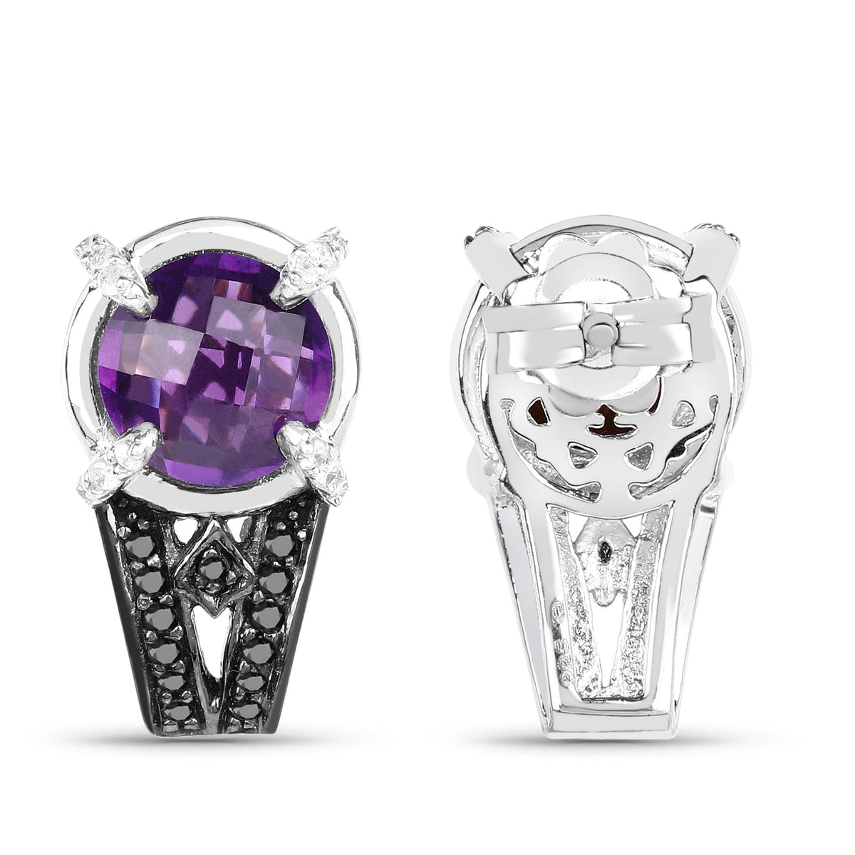 3.61 ct amethyst, black and white diamond .925 sterling silver earrings by Avera Group, view 3